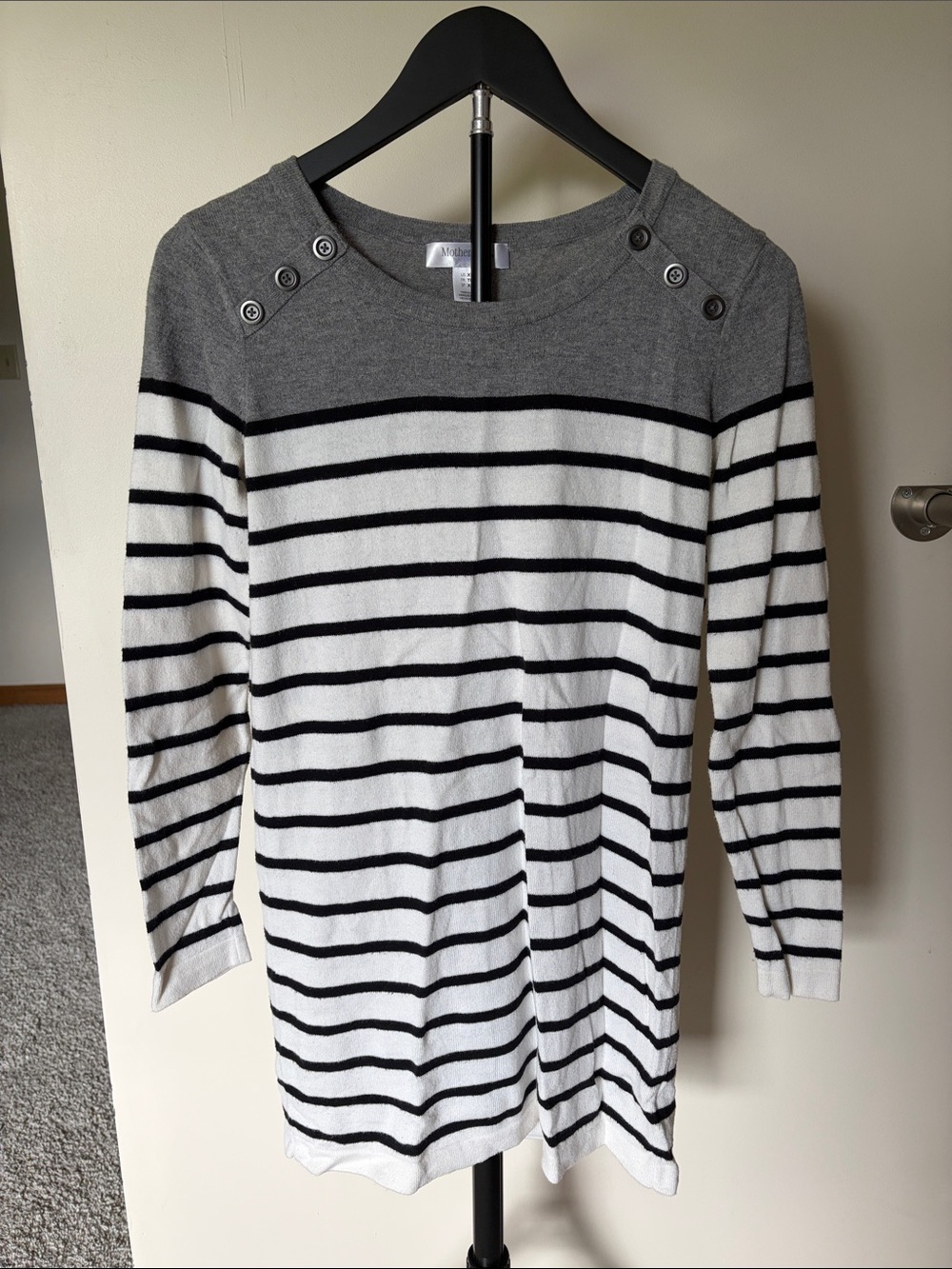 Motherhood Gray and White Striped Crew Neck Sweater